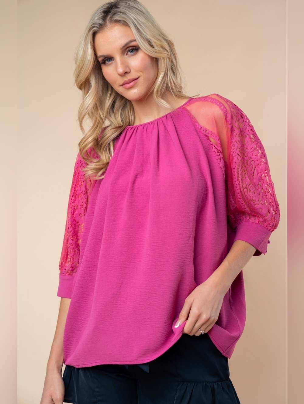 White Birch Round Neck Lace Half Sleeve Blouse - Picture 3 of 6